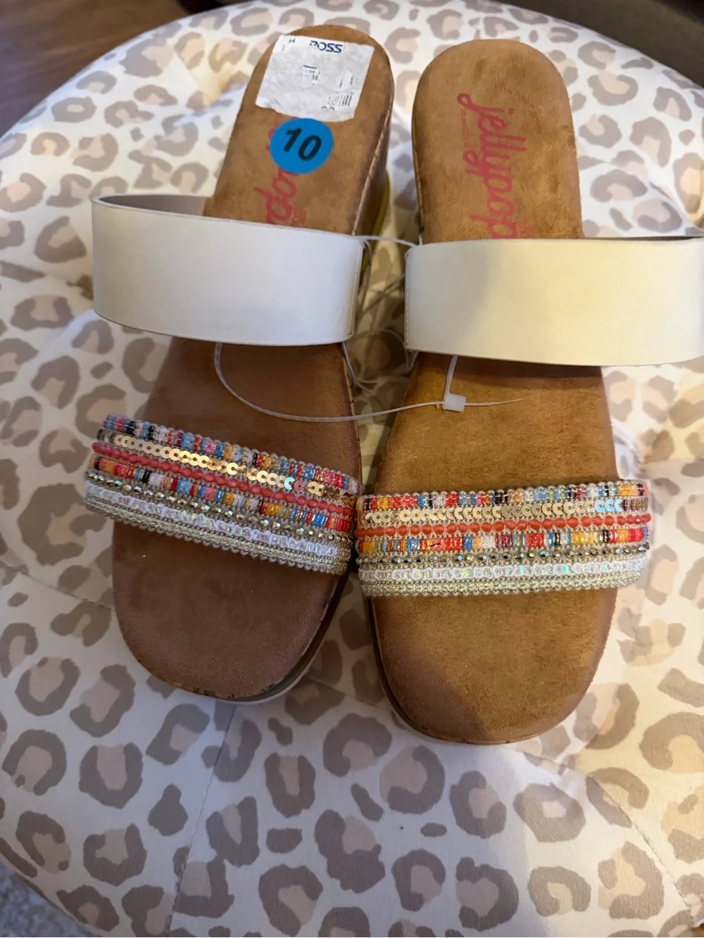 Jellypop Cream Slide Sandals with Multicolor Beaded Toe Strap